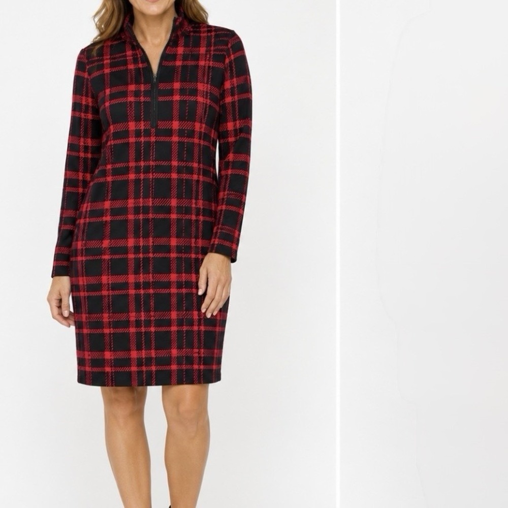 Jude Connelly Red Black Buffalo Plaid 1/4 Zip Long Sleeve Dress MEDIUM Travel